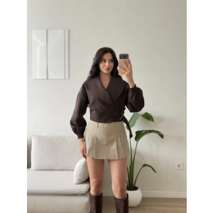 Kemerli Kruvaze Crop Ceket - KAHVE