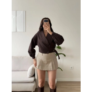 Kemerli Kruvaze Crop Ceket - KAHVE