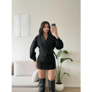 Kemerli Kruvaze Crop Ceket - SİYAH