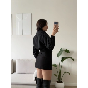 Kemerli Kruvaze Crop Ceket - SİYAH