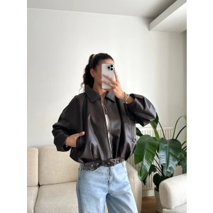 Kemerli Oversize Deri Ceket - ACI KAHVE