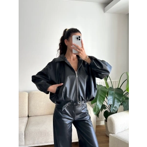 Kemerli Oversize Deri Ceket - SİYAH