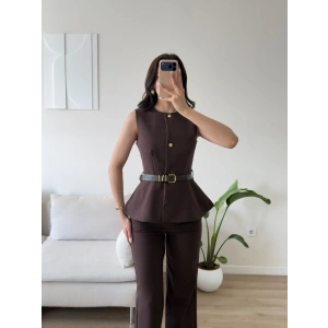 Kemerli Yelek Pantolon Takım - KAHVE