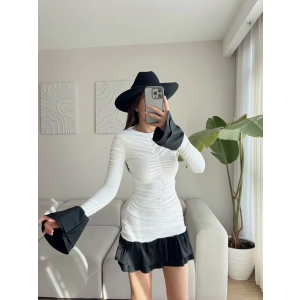 Kol İspanyol Büzgülü Parçalı Elbise - BEYAZ