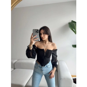 Kol Tül Fermuar Detay Madonna Yaka Crop-SİYAH