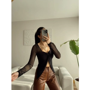 Kol Tül Kruvaze Bluz - SİYAH