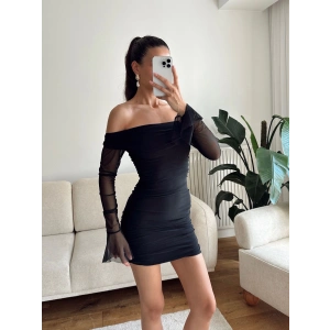 Kol Tül Madonna Elbise - SİYAH