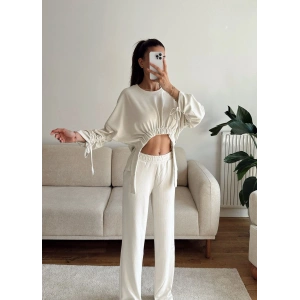 Körüklü Crop & Pantolon Takım - BEJ
