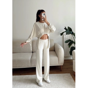 Körüklü Crop & Pantolon Takım - BEJ