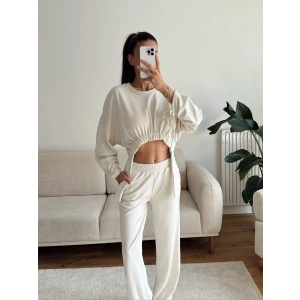 Körüklü Crop & Pantolon Takım - BEJ