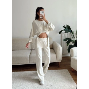 Körüklü Crop & Pantolon Takım - BEJ