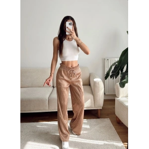 Kraşlı Bol Paça Pantolon - BEJ