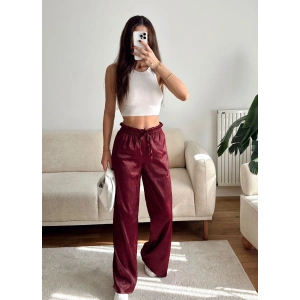 Kraşlı Bol Paça Pantolon - BORDO