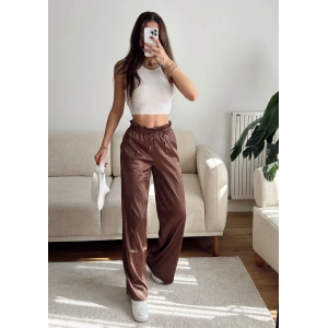 Kraşlı Bol Paça Pantolon - KAHVE