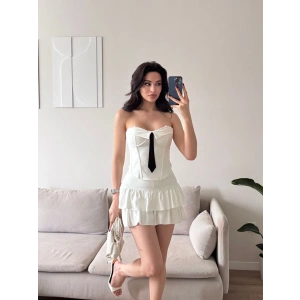 Kravat Detay Straplez Mini Elbise - BEYAZ