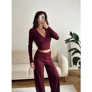 Kruvaze Bağlamalı Crop & Pantolon Takım - BORDO