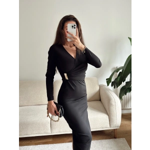 Kruvaze Bel Aksesuar Elbise - SİYAH