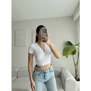 Kruvaze Bel Bağlamalı Crop - BEYAZ