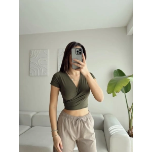 Kruvaze Bel Bağlamalı Crop - HAKİ