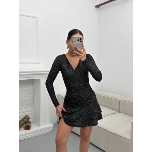 Kruvaze Bel Büzgü Simli Elbise - SİYAH