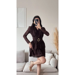 Kruvaze Kemerli Dantel Elbise - KAHVE