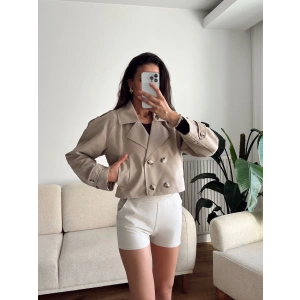 Kruvaze Kısa Trenç - BEJ