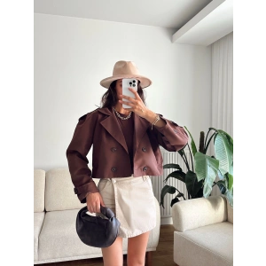 Kruvaze Kısa Trenç - KAHVE