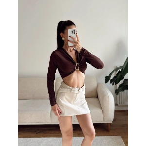 Kruvaze Ön Aksesuar Crop - KAHVE