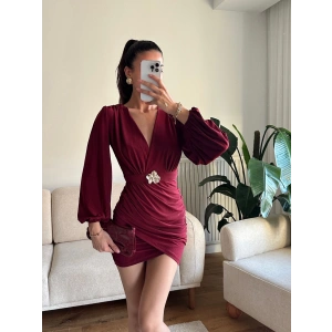 Kruvaze Önü Tokalı Elbise - BORDO