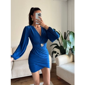 Kruvaze Önü Tokalı Elbise - SAKS MAVİSİ
