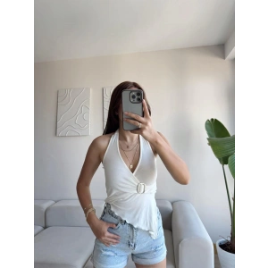 Kruvaze Tokalı Crop - BEYAZ