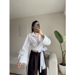 Kruvaze Yaka Kuşaklı Gömlek - BEYAZ