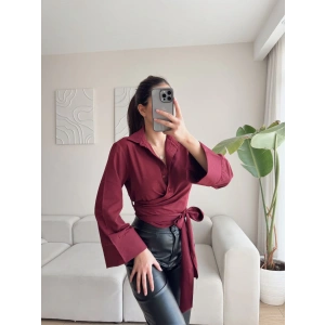 Kruvaze Yaka Kuşaklı Gömlek - BORDO
