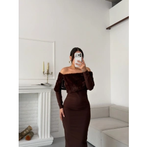 Kürklü Madonna Elbise - KAHVE