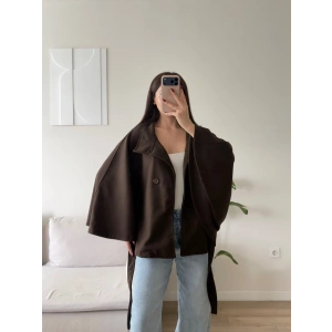 Kuşaklı Düğmeli Oversize Panço - KAHVE