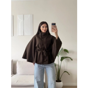 Kuşaklı Düğmeli Oversize Panço - KAHVE