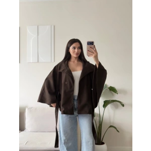 Kuşaklı Düğmeli Oversize Panço - KAHVE