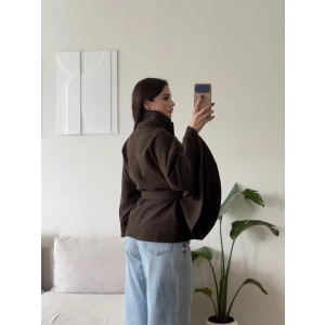 Kuşaklı Düğmeli Oversize Panço - KAHVE
