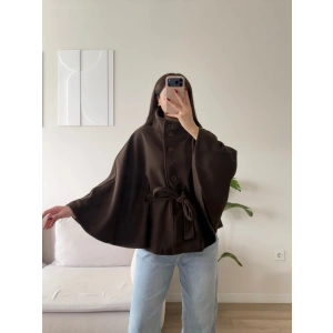 Kuşaklı Düğmeli Oversize Panço - KAHVE