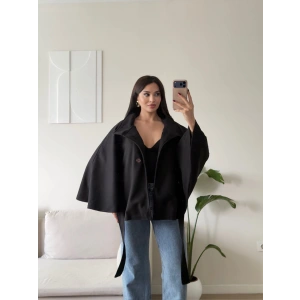 Kuşaklı Düğmeli Oversize Panço - SİYAH