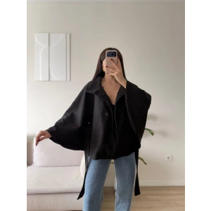 Kuşaklı Düğmeli Oversize Panço - SİYAH