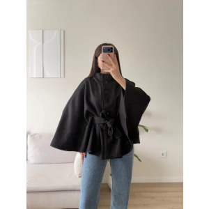 Kuşaklı Düğmeli Oversize Panço - SİYAH
