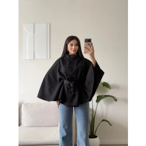 Kuşaklı Düğmeli Oversize Panço - SİYAH