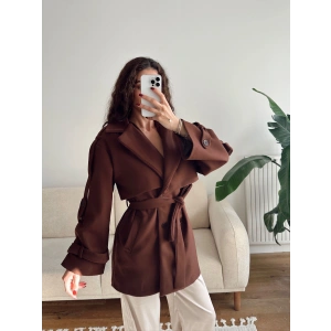 Kuşaklı Kaşe Trençkot - KAHVE