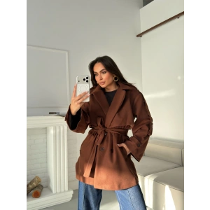 Kuşaklı Kaşe Trençkot - KAHVE
