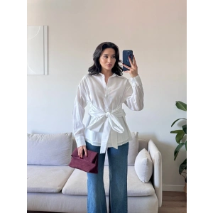 Kuşaklı Oversize Gömlek - BEYAZ