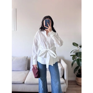 Kuşaklı Oversize Gömlek - BEYAZ