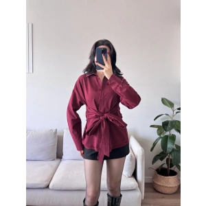 Kuşaklı Oversize Gömlek - BORDO