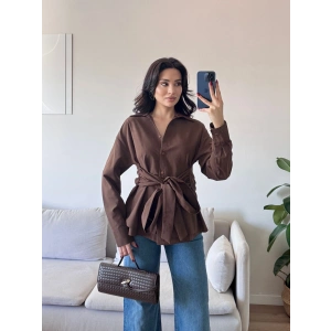 Kuşaklı Oversize Gömlek - KAHVE