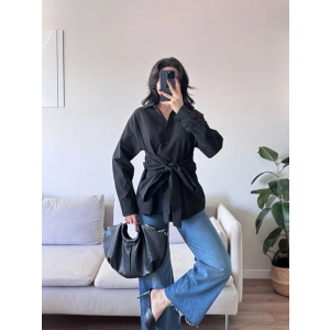 Kuşaklı Oversize Gömlek - SİYAH